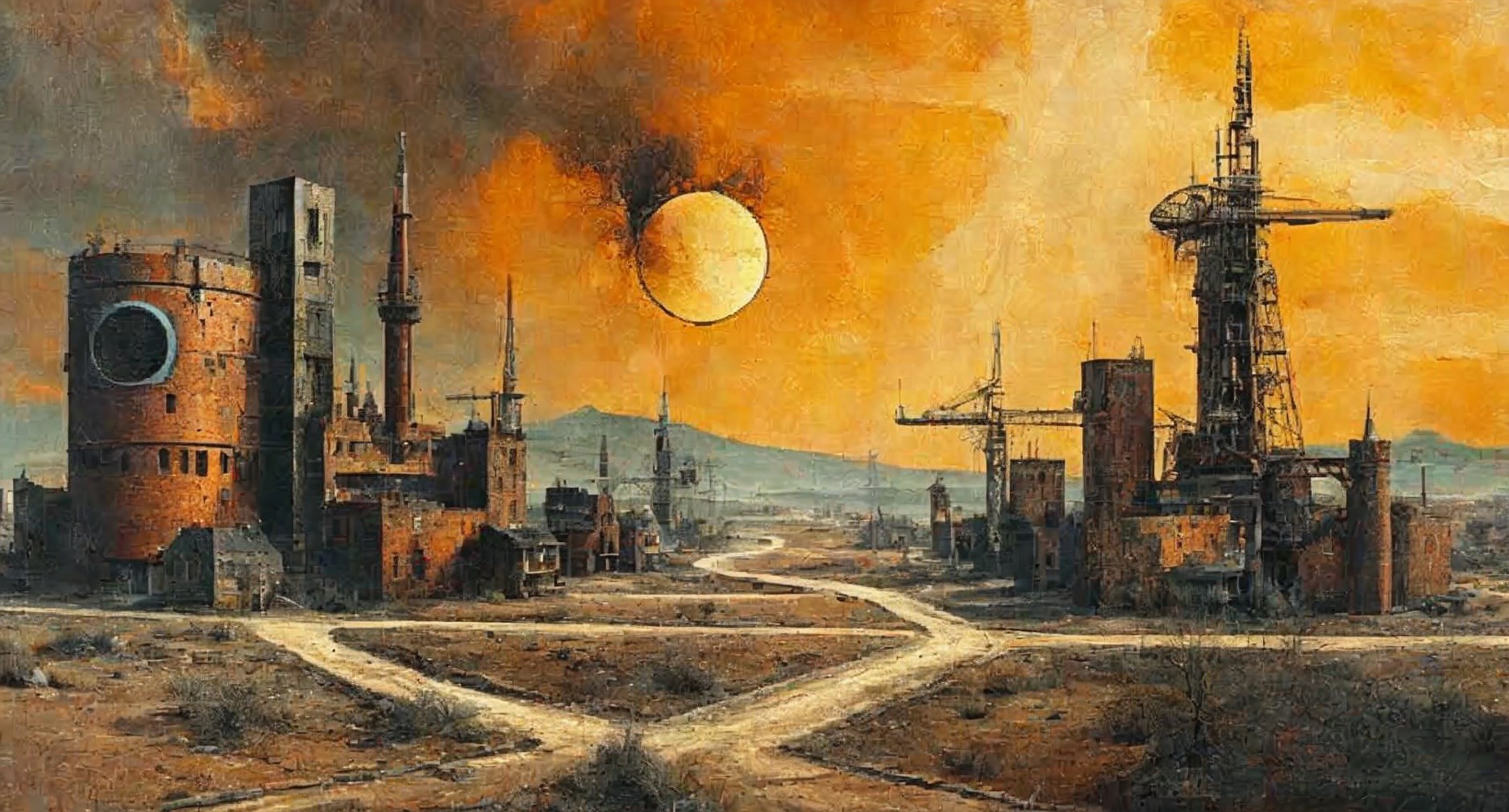 Desolate Landscape with Decaying Structures and Cranes