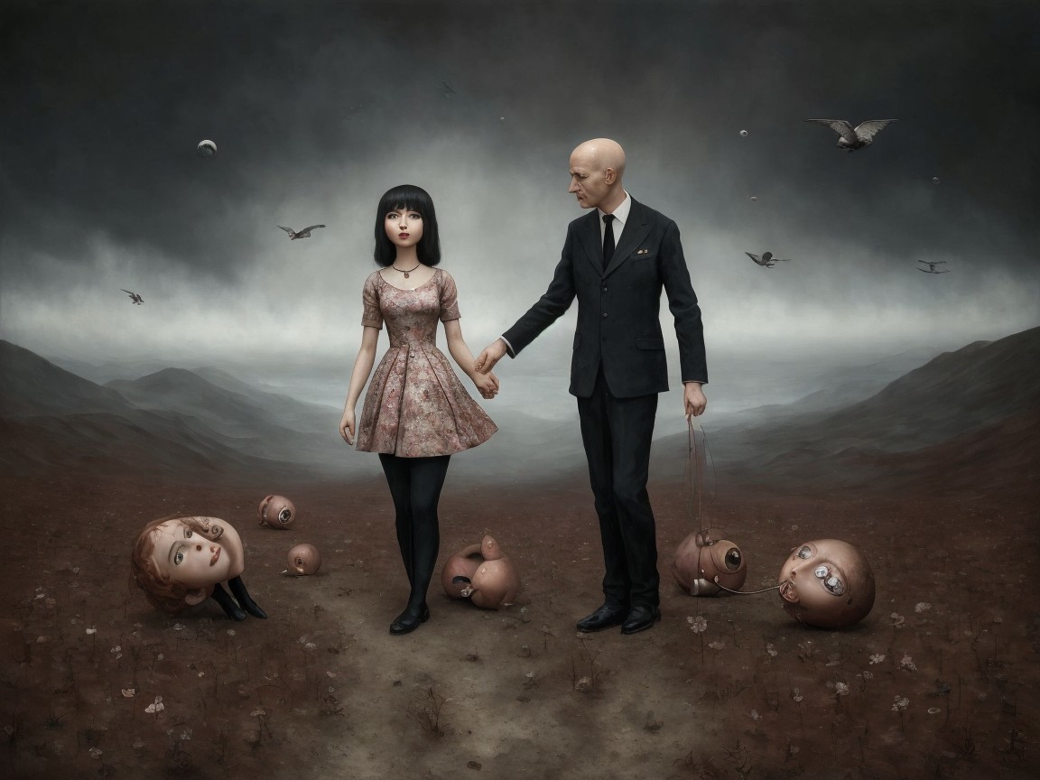 Surreal Landscape with Vintage Dressed Girl and Man