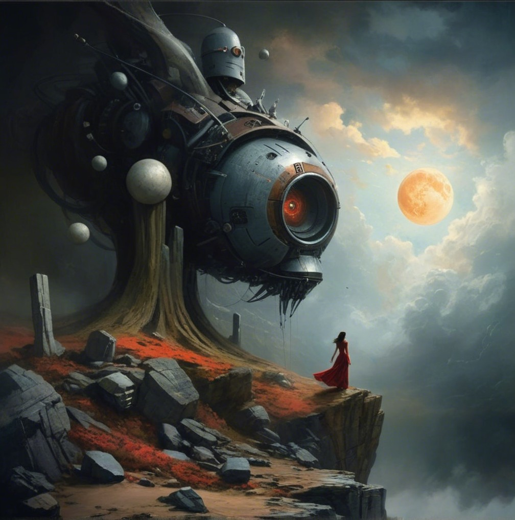 Woman in Red Dress Amid Futuristic Tree Landscape