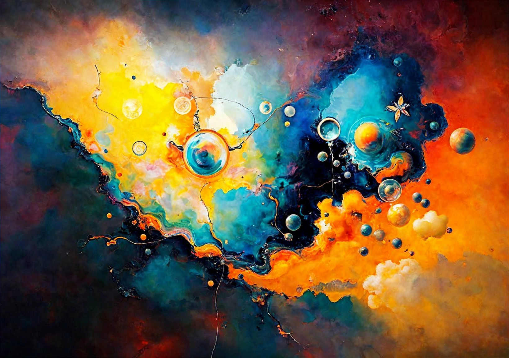 Colorful Abstract Nebula Painting with Spheres and Patterns