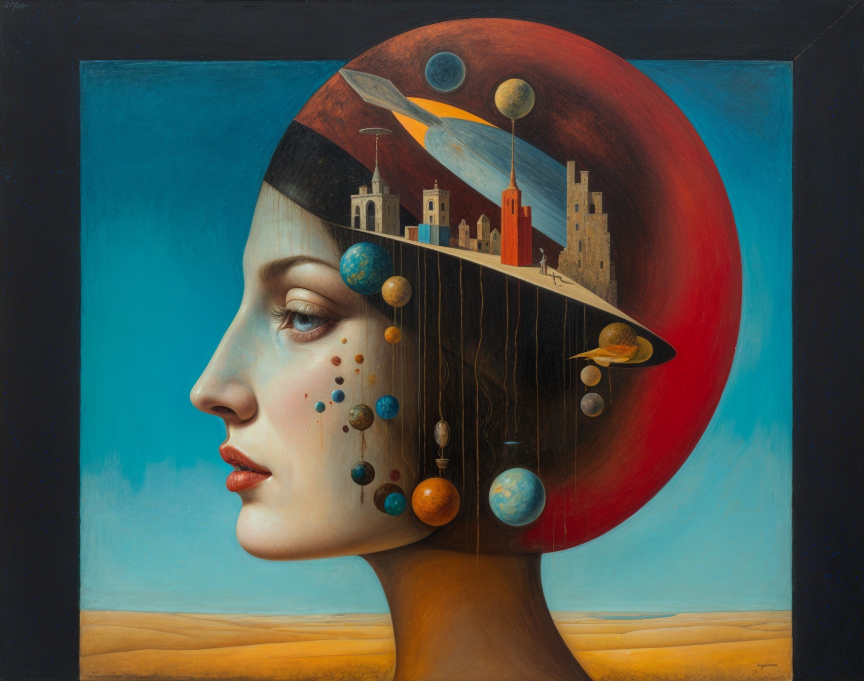 Surreal Profile of Woman with Cosmic Landscape Elements