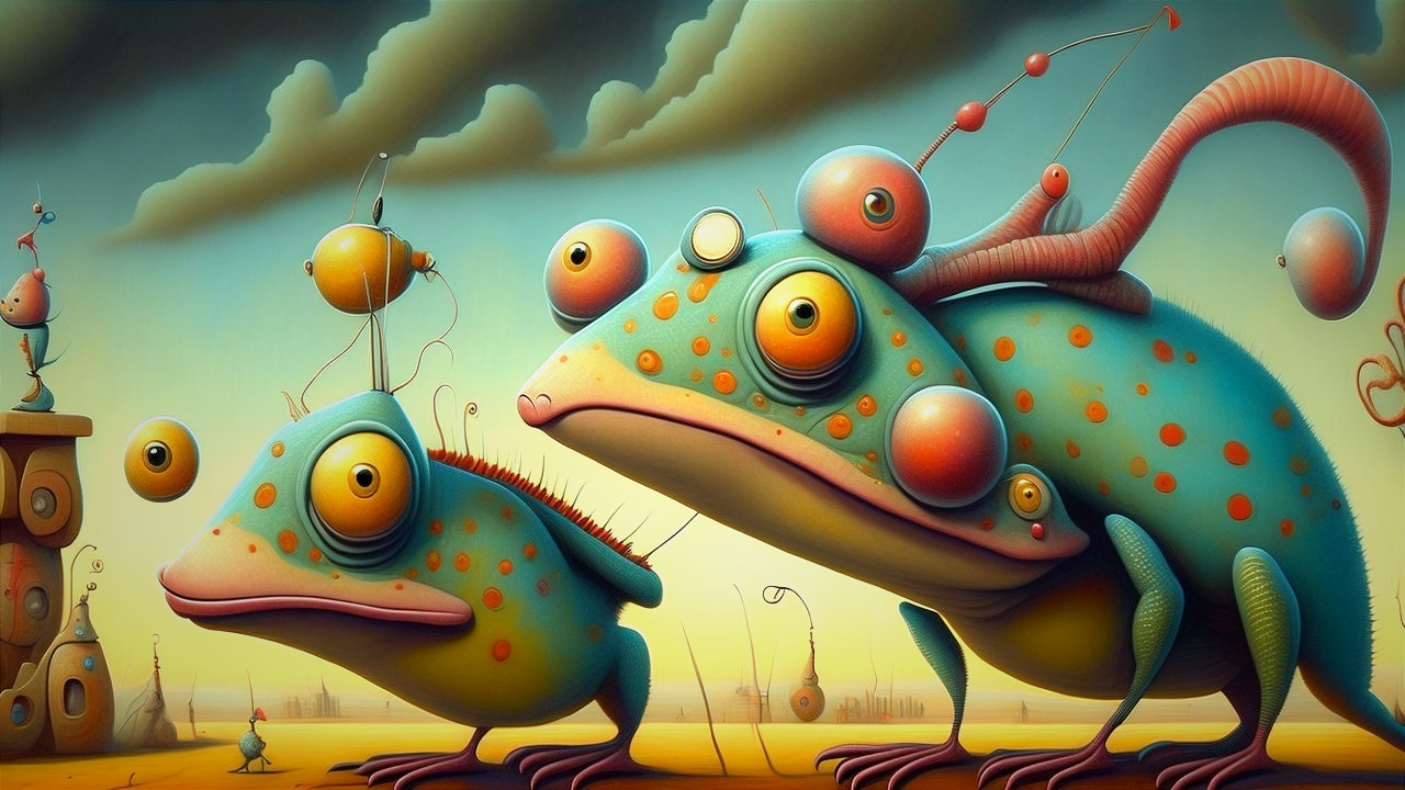 Oversized Frogs in a Surreal Dreamlike Landscape