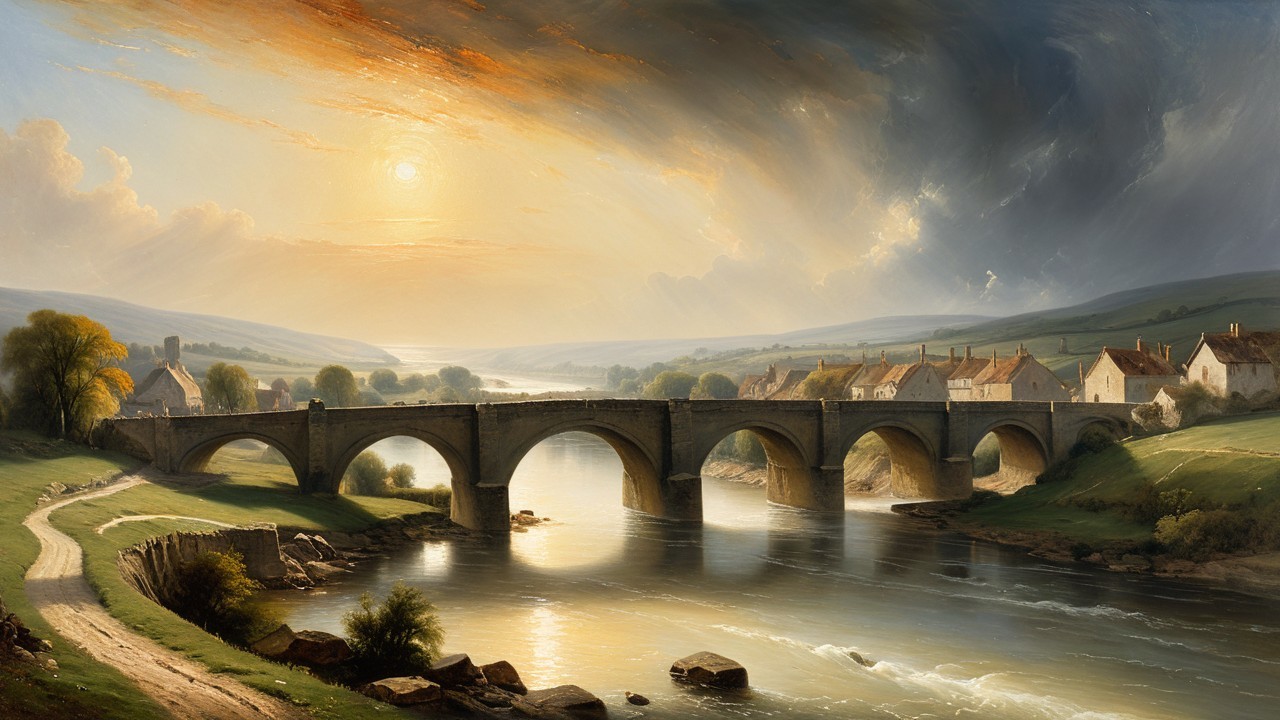 Serene Landscape with Stone Bridge and Sunset Reflection