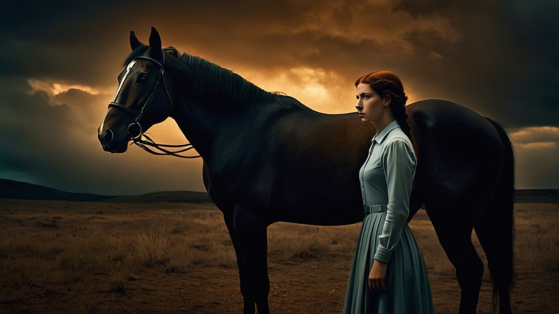 Young Woman and Black Horse in Barren Landscape