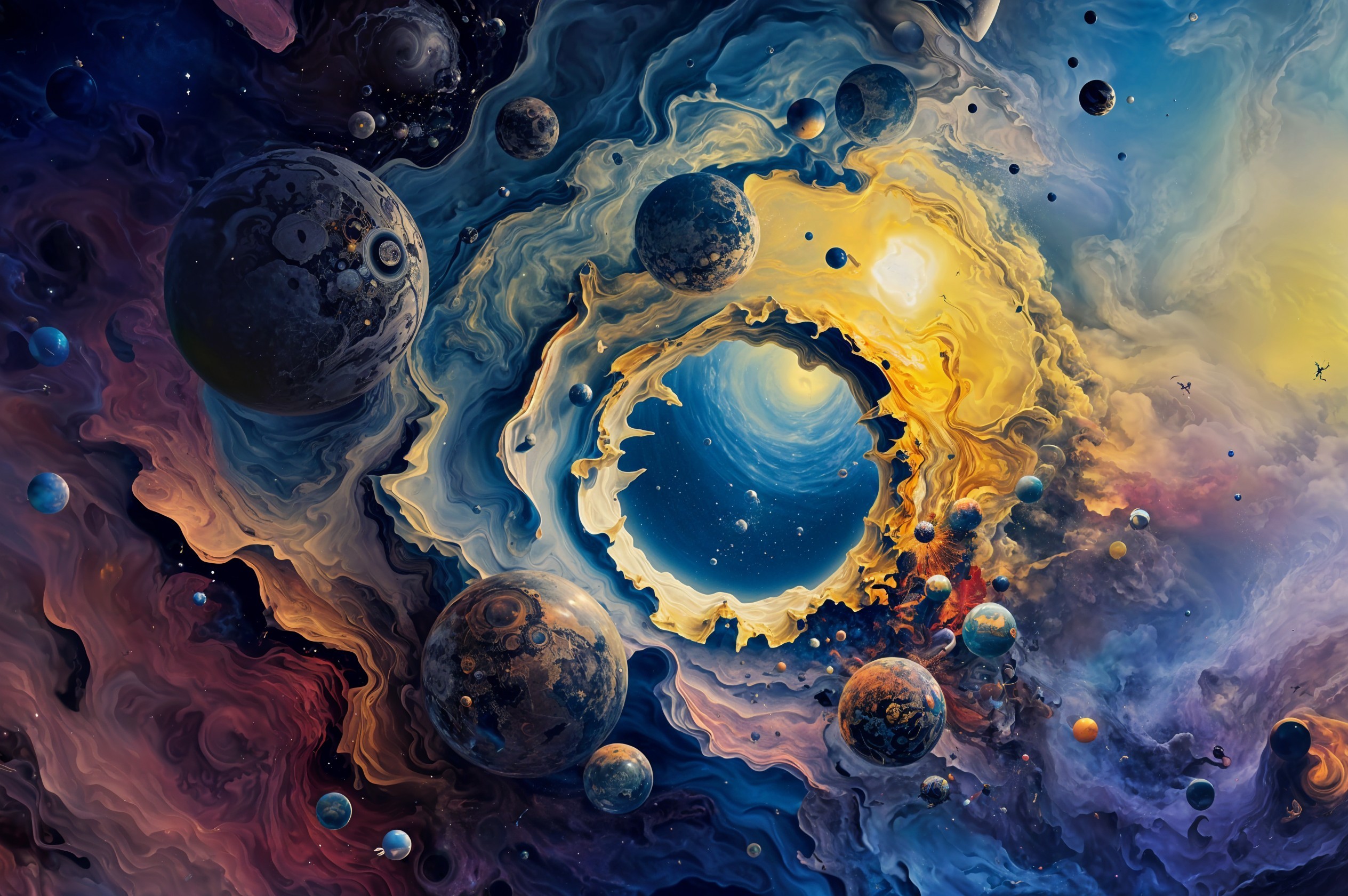 Vibrant Cosmic Scene with Swirling Vortex and Planets