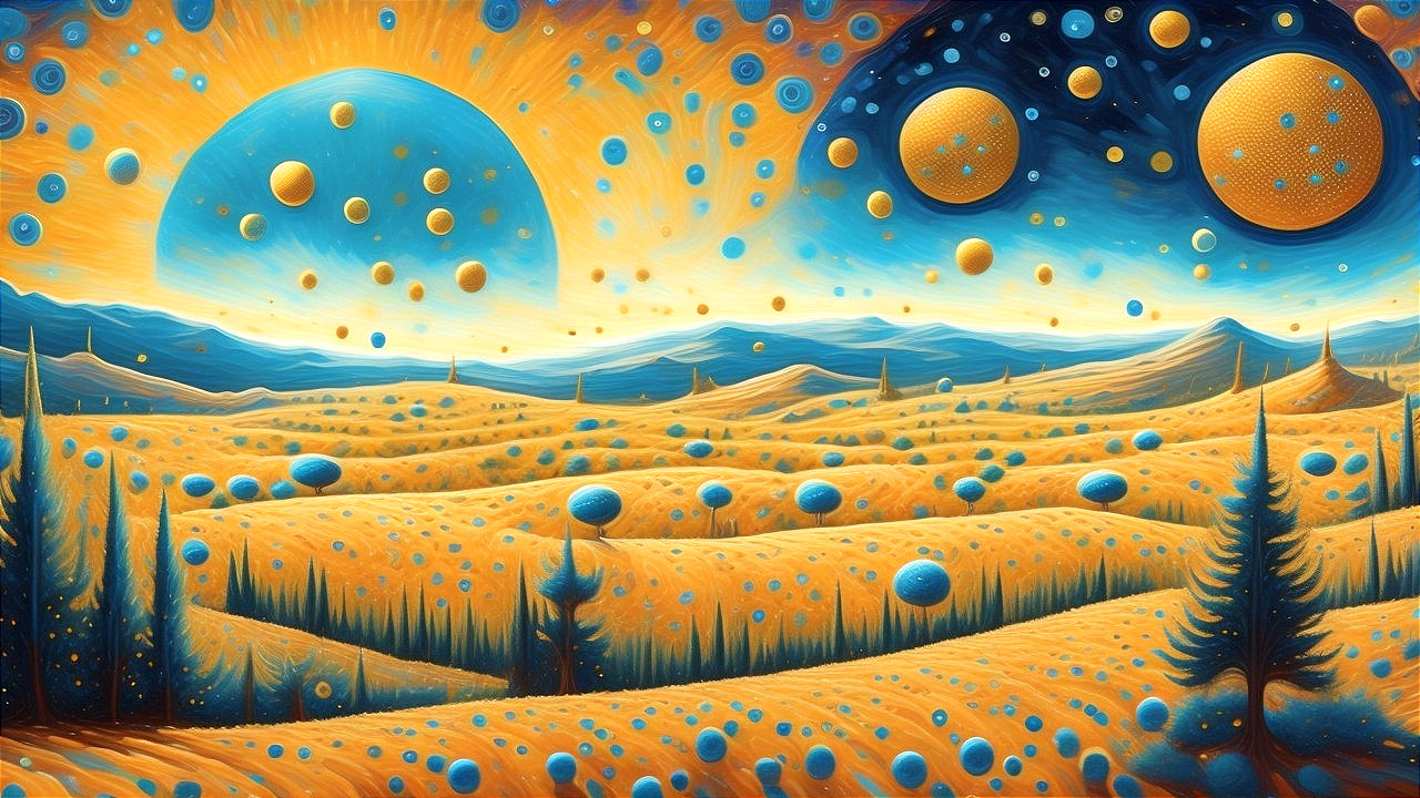 Whimsical Landscape with Vibrant Colors and Celestial Bodies