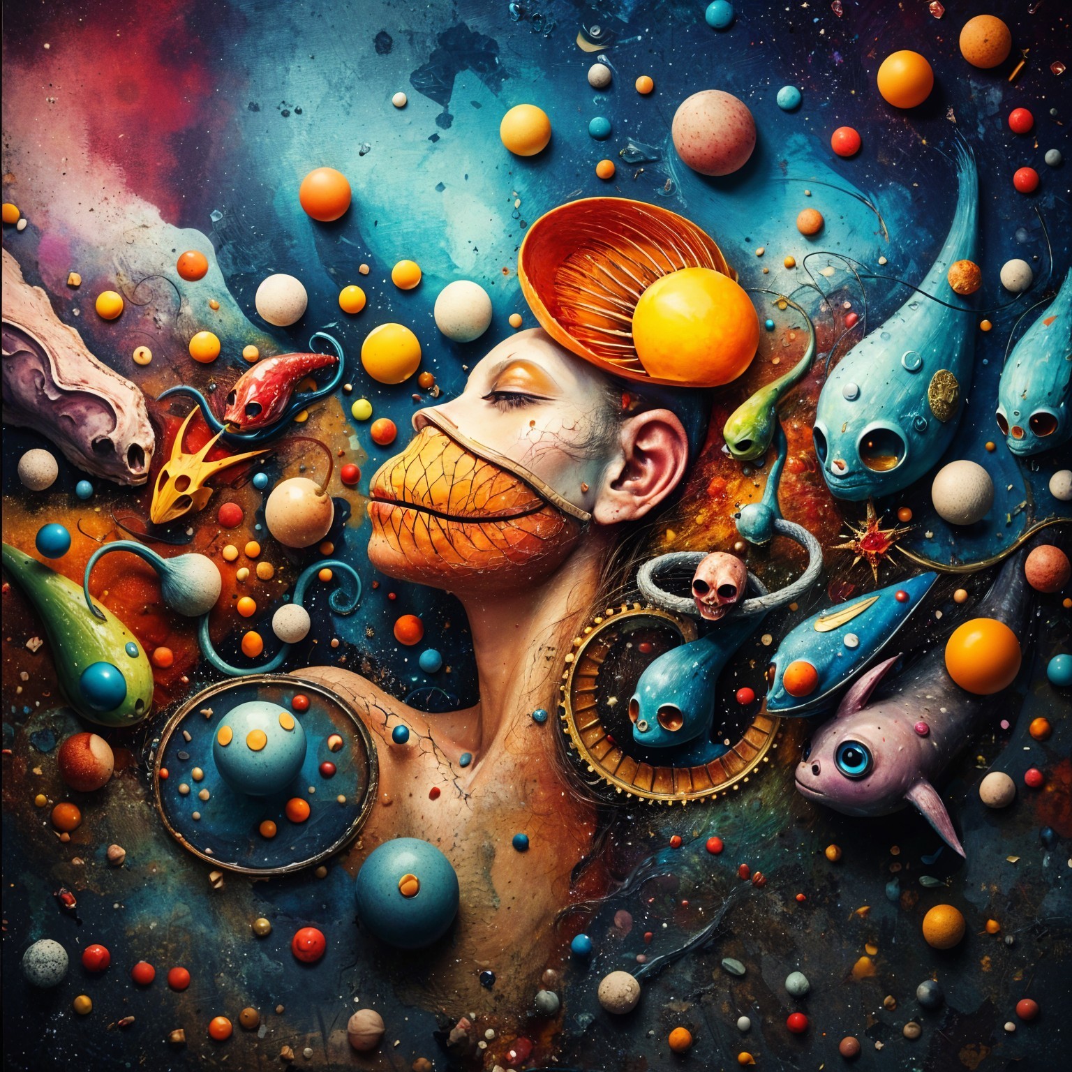 Surreal Composition of Female Face with Cosmic Elements