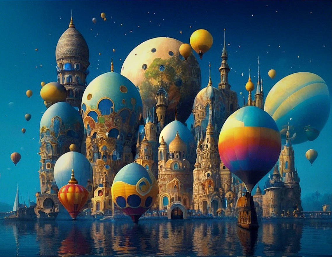 Whimsical Cityscape with Hot Air Balloons at Night