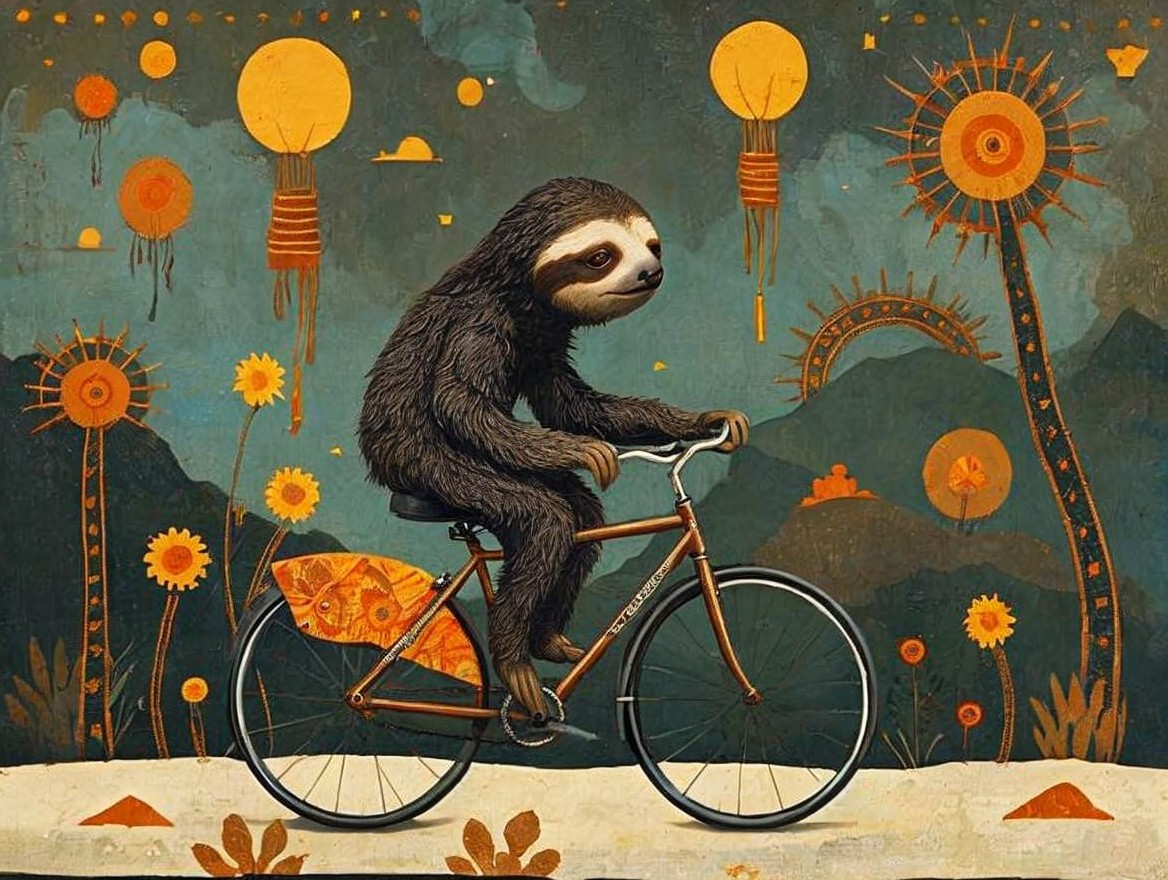 Whimsical Sloth on Bicycle in Colorful Landscape Illustration