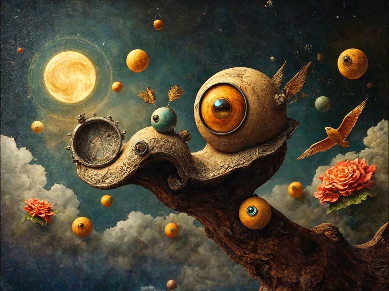 Surreal Landscape with Whimsical Snail and Planets