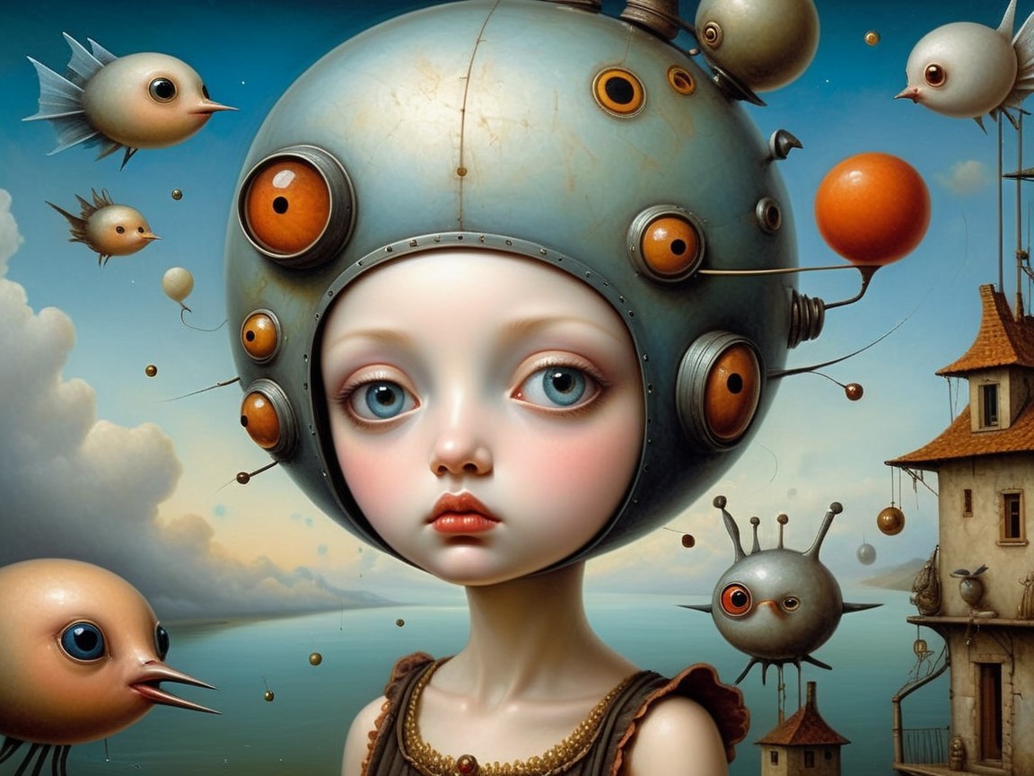 Girl with Metallic Sphere Head in Dreamy Landscape