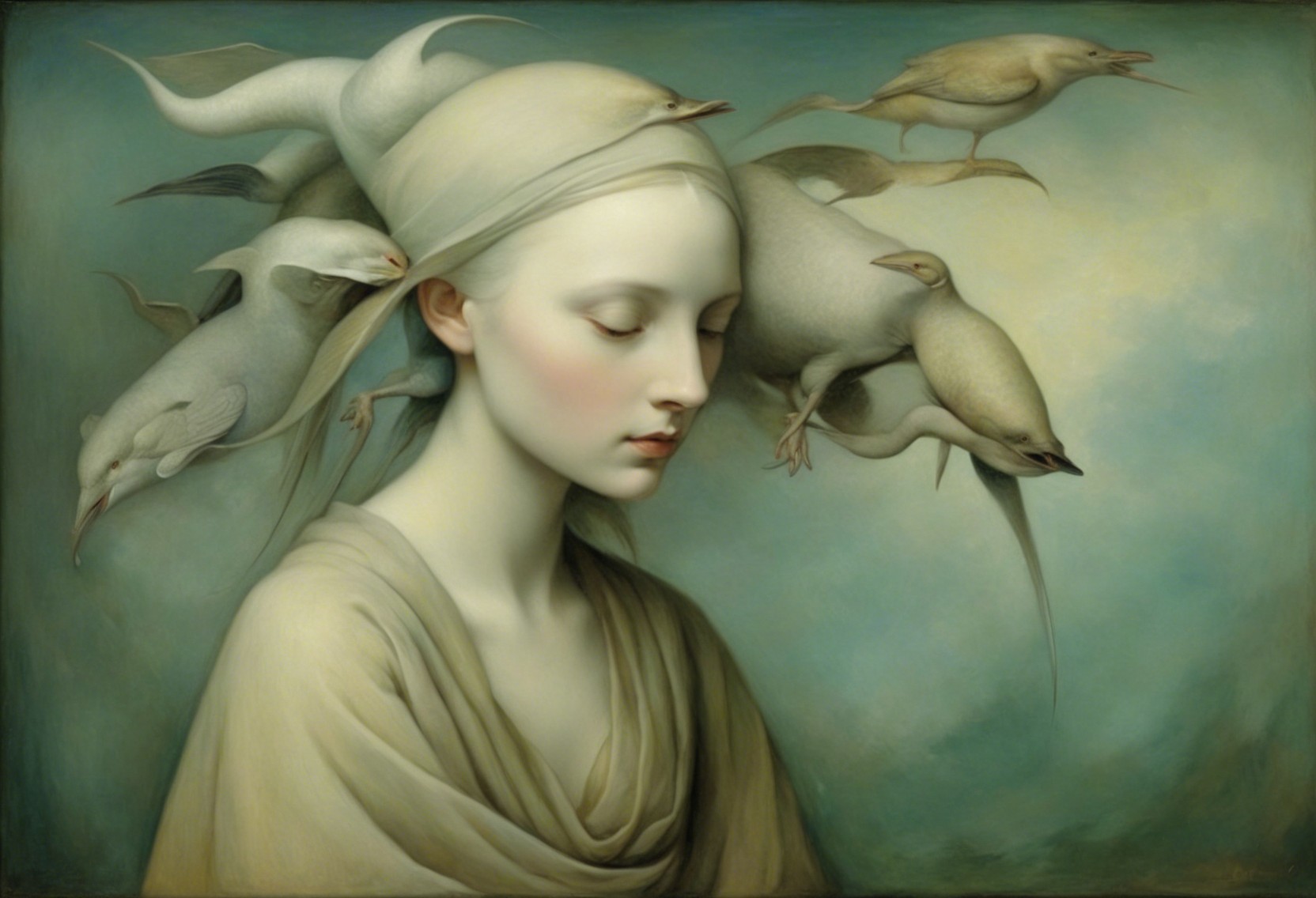 Serene Woman with Ethereal Birds and Soft Colors