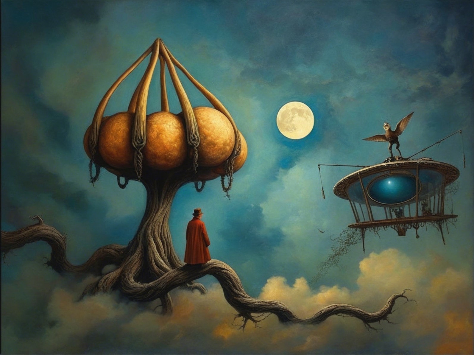 Surreal Landscape with Mysterious Tree and Cloaked Figure