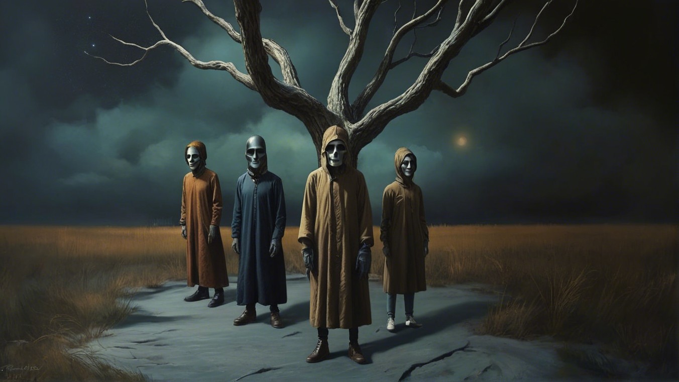 Hooded Figures in a Dark Barren Landscape Scene