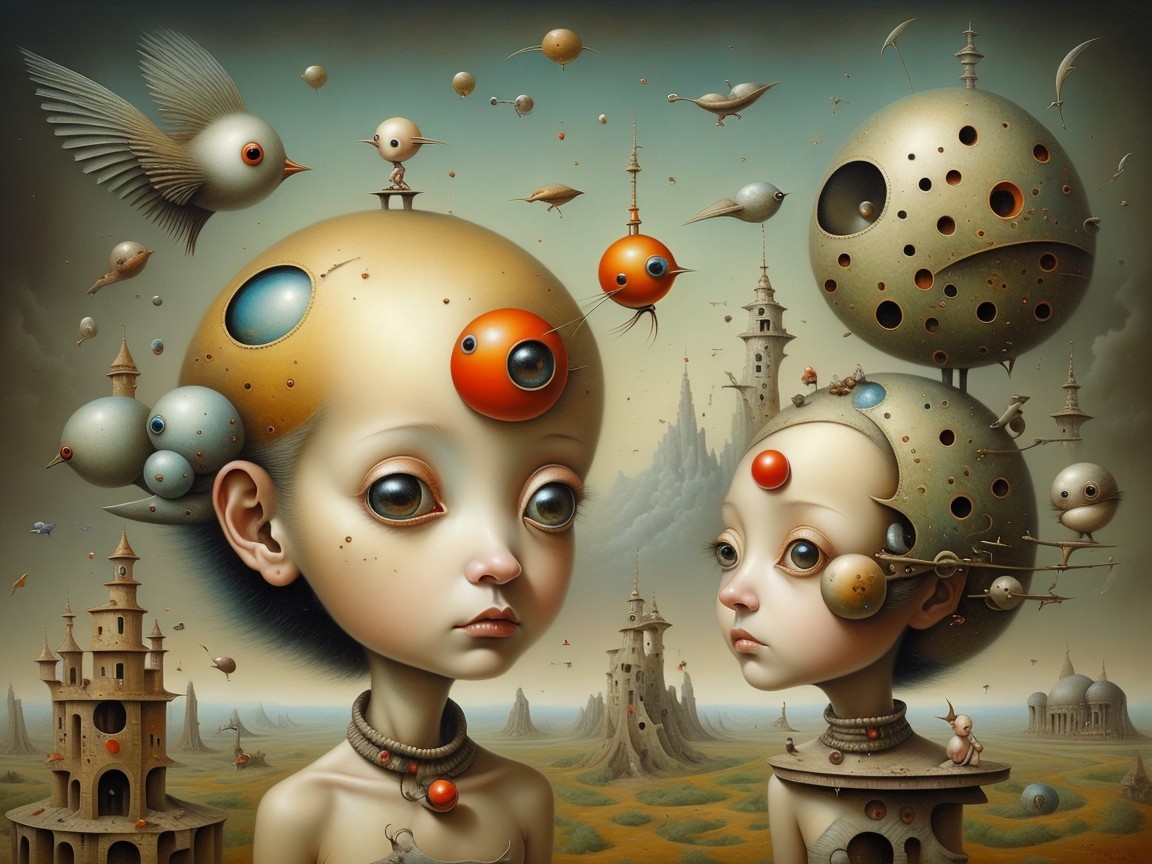 Surreal Doll-Like Figures in Dreamlike Landscape