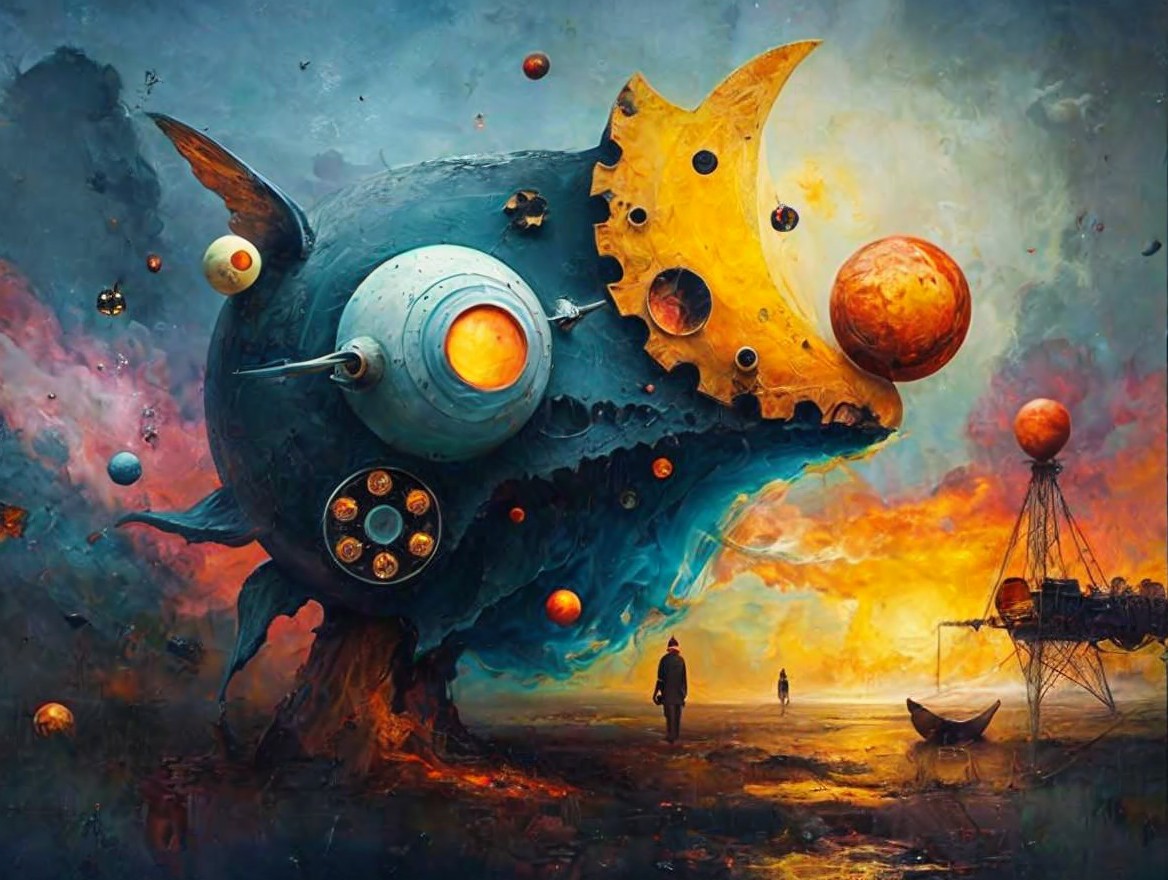 Surreal Scene of a Mechanical Fish in Cosmic Landscape