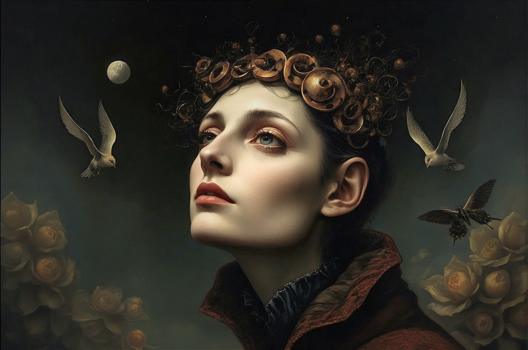 Hauntingly Beautiful Woman with Floral Crown and Birds