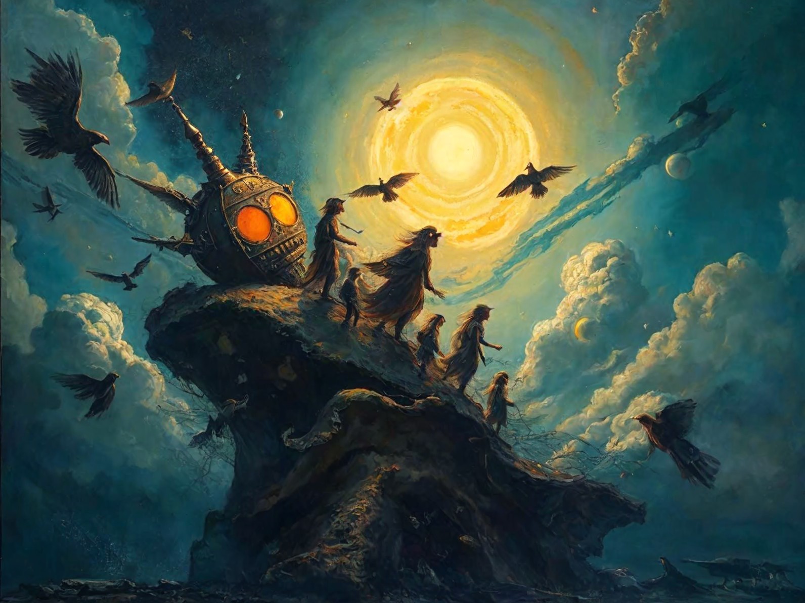Surreal Landscape with Robotic Figure and Ethereal Beings