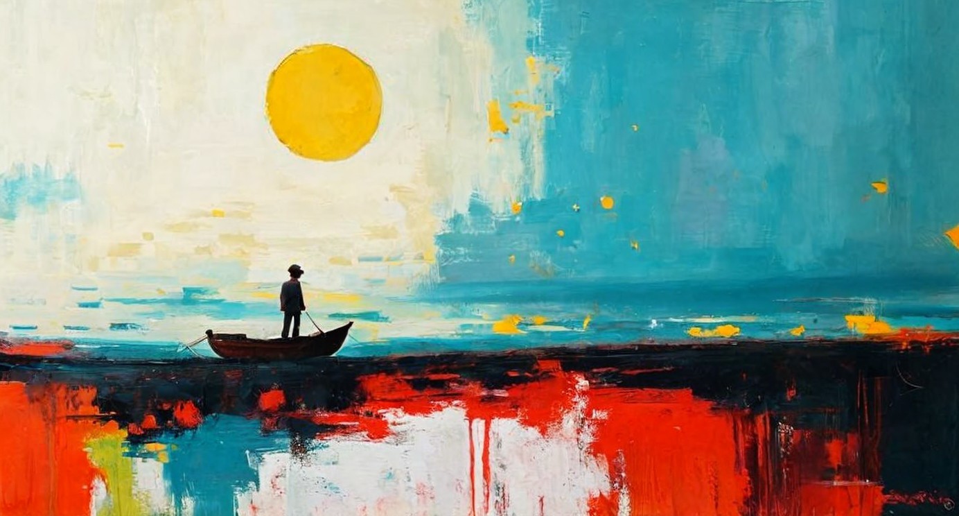 Lone Figure in Boat at Vibrant Sunset Scene