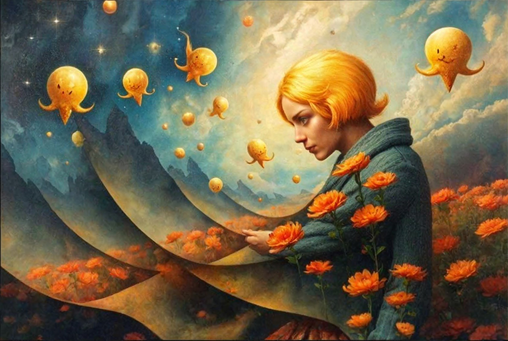 Young woman with orange hair in a whimsical landscape