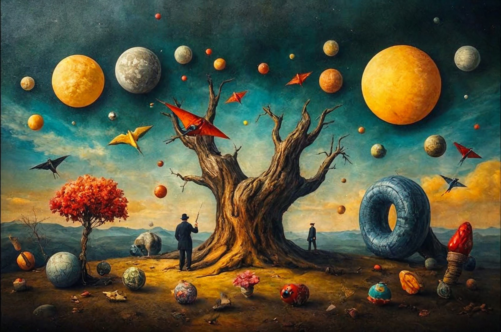 Surreal Landscape with Gnarled Tree and Celestial Bodies
