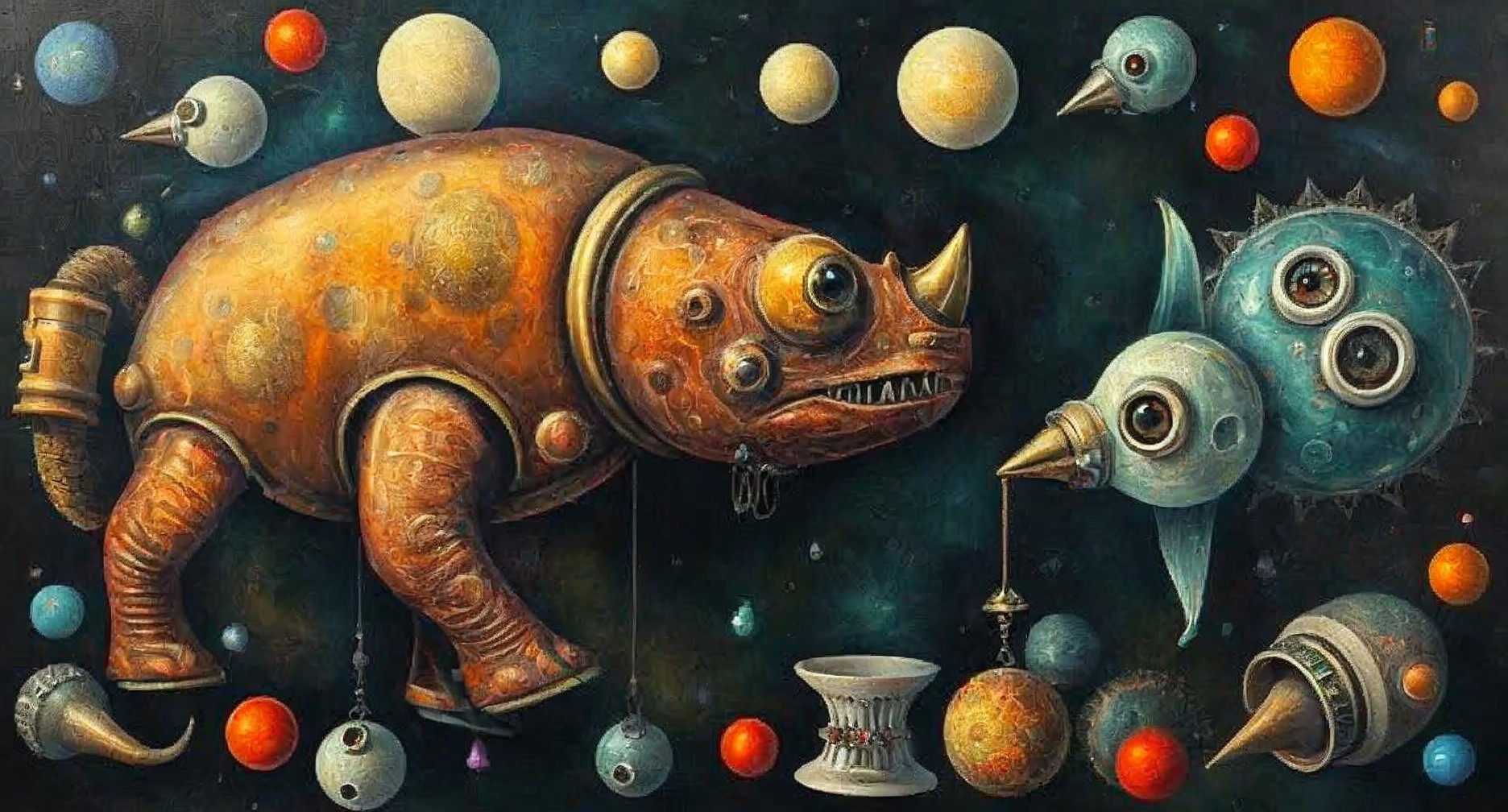 Surreal Scene of Armored Creature and Celestial Orbs