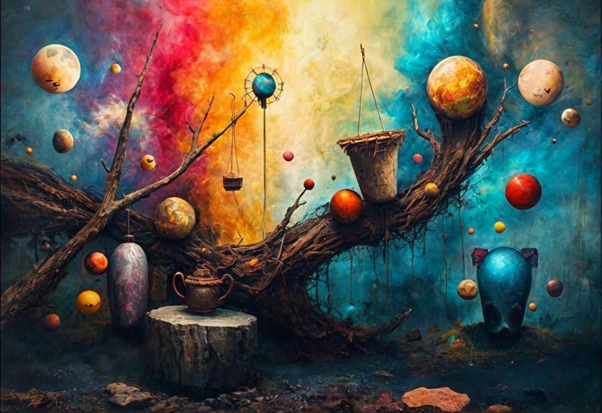 Vibrant Cosmic Scene with Whimsical Elements