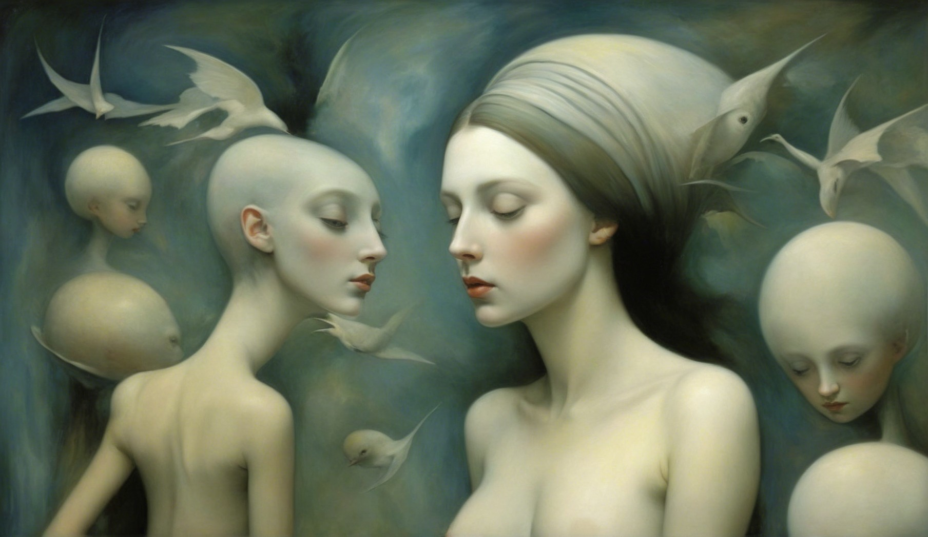 Ethereal Figures and Birds in Dreamlike Composition