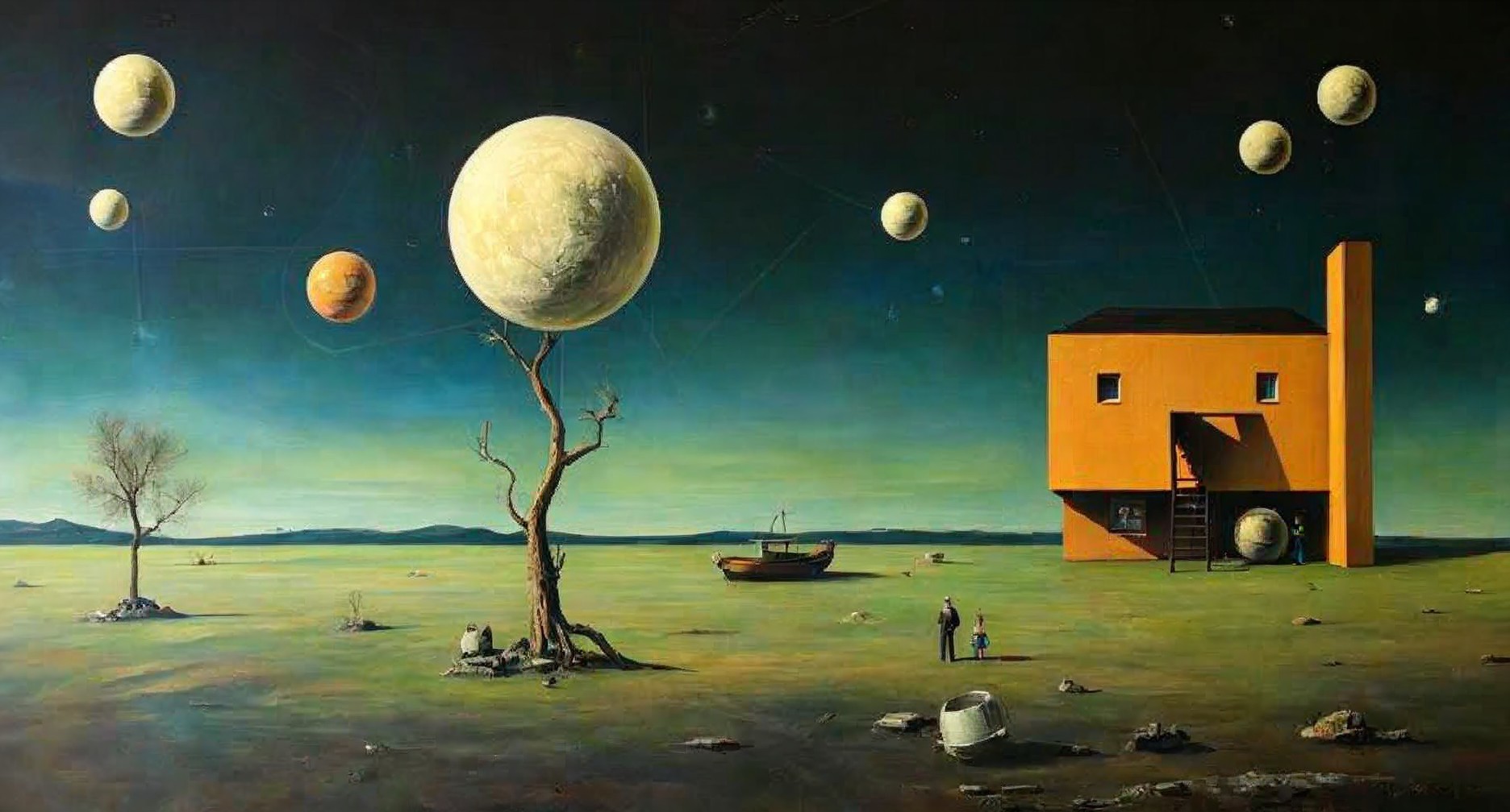 Surreal Landscape with Orange House and Twilight Sky