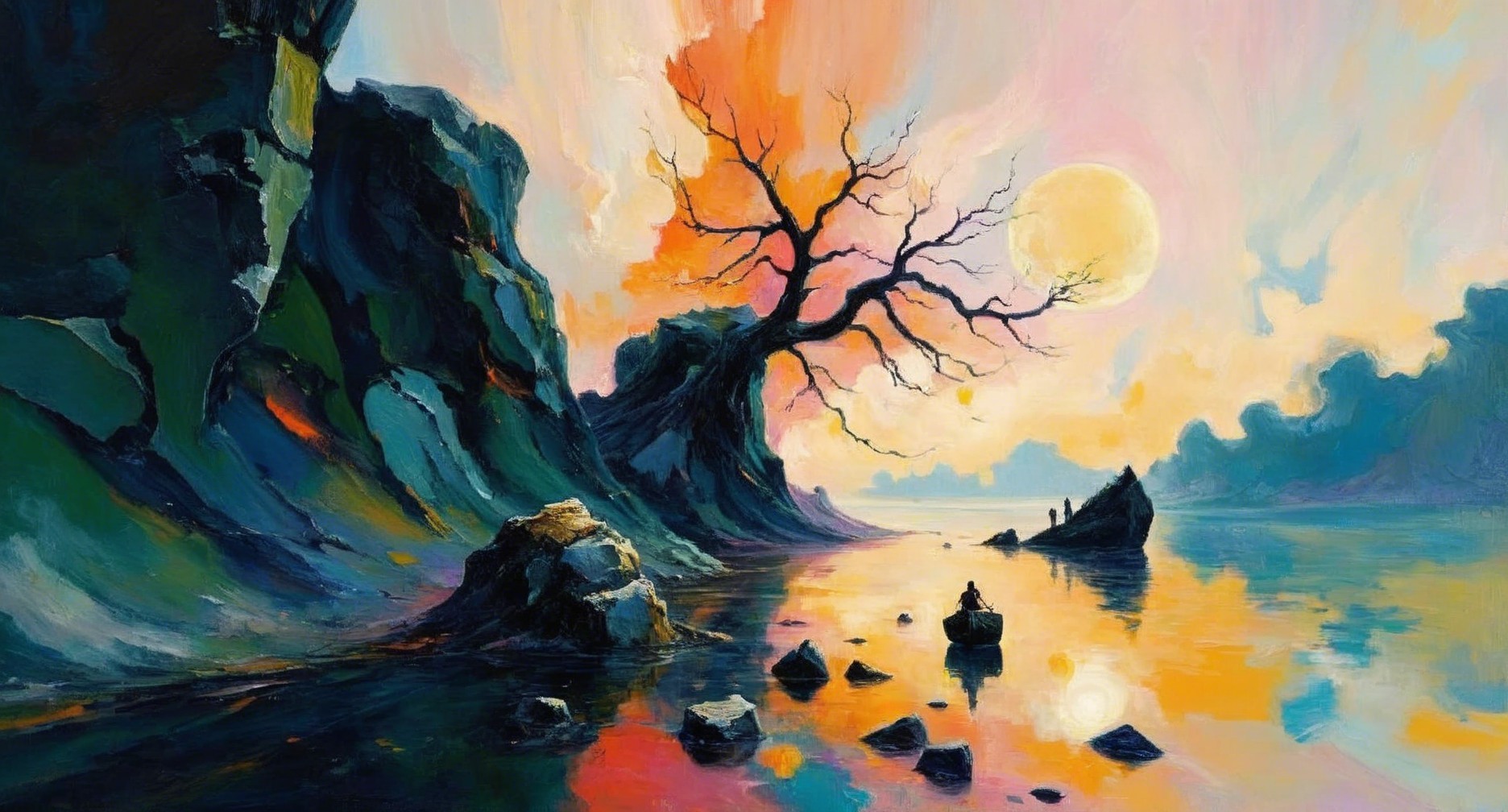 Vibrant sunset over water with rocky shore and tree
