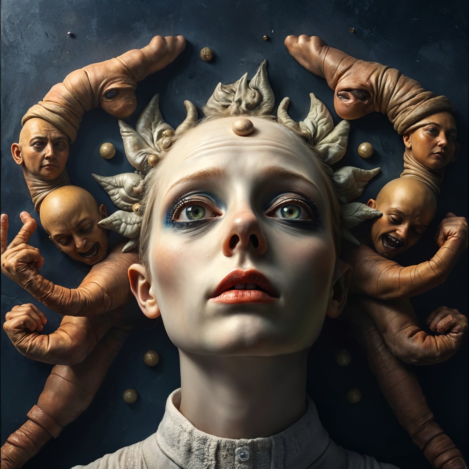 Surreal Portrait of a Young Woman with Grotesque Figures