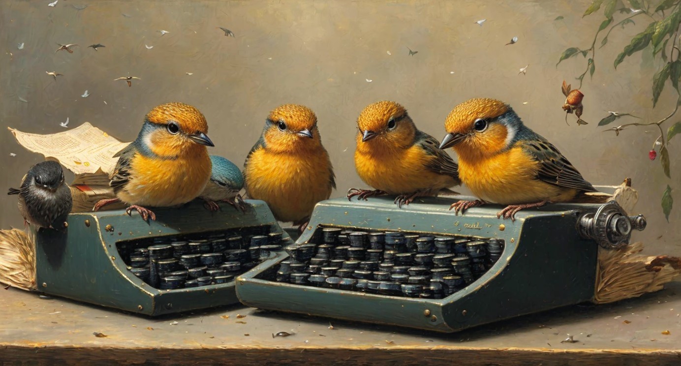 Whimsical Birds on Vintage Typewriters in Nature