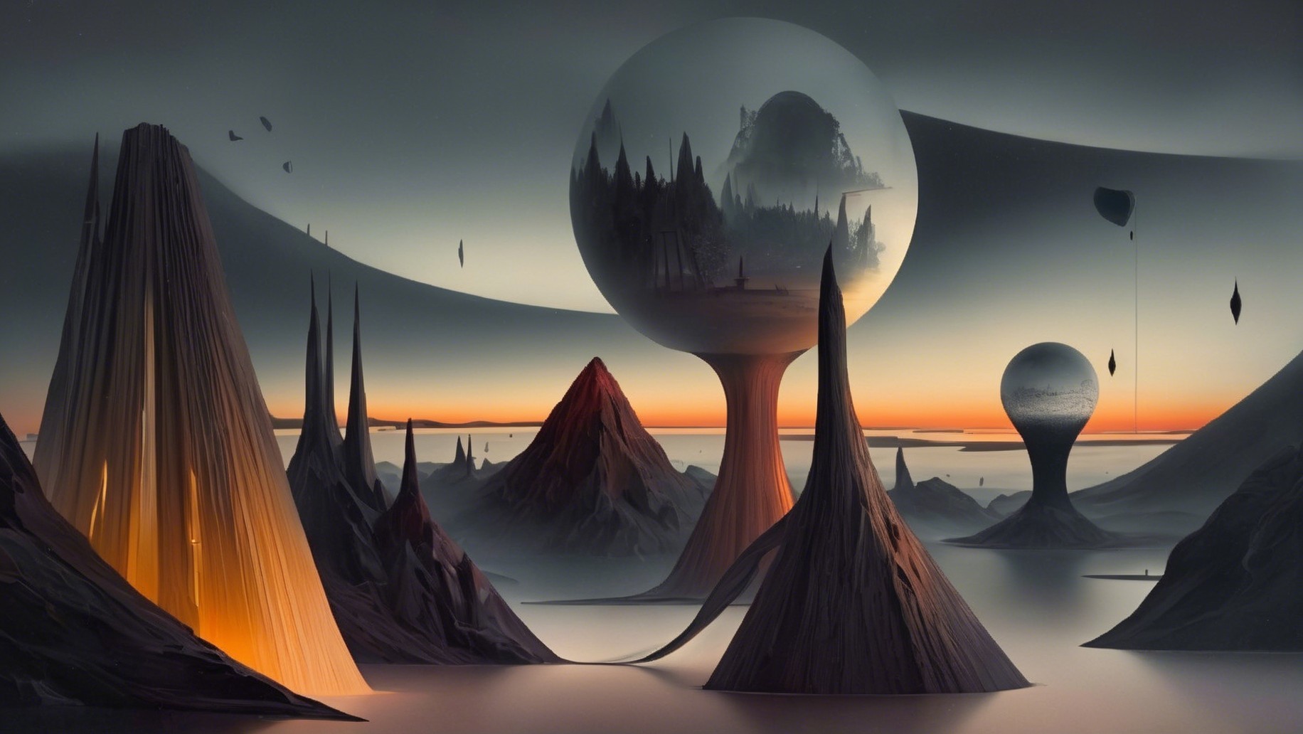 Surreal Landscape with Elongated Mountains and Orbs