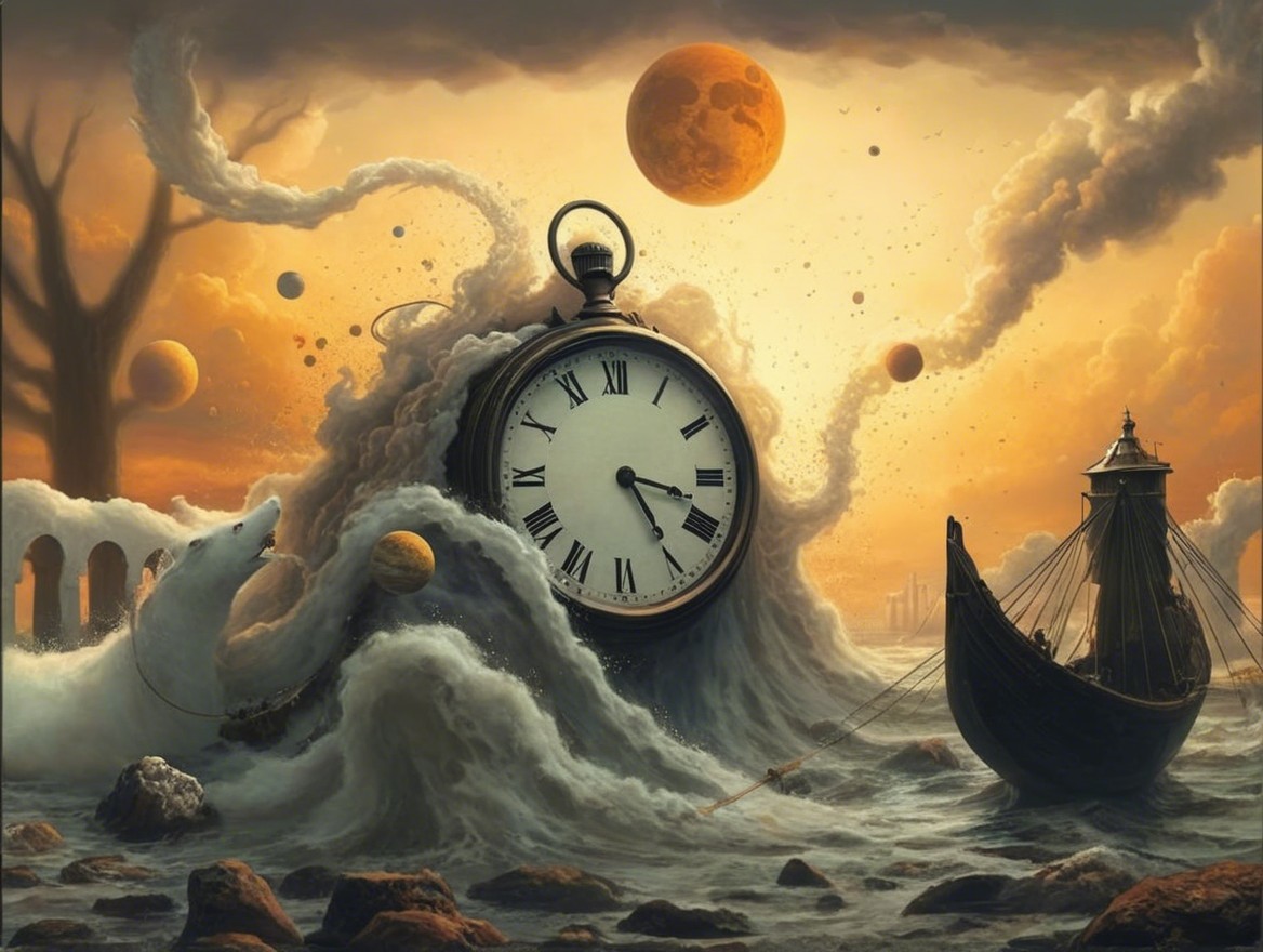 Surreal Landscape with Giant Pocket Watch and Waves