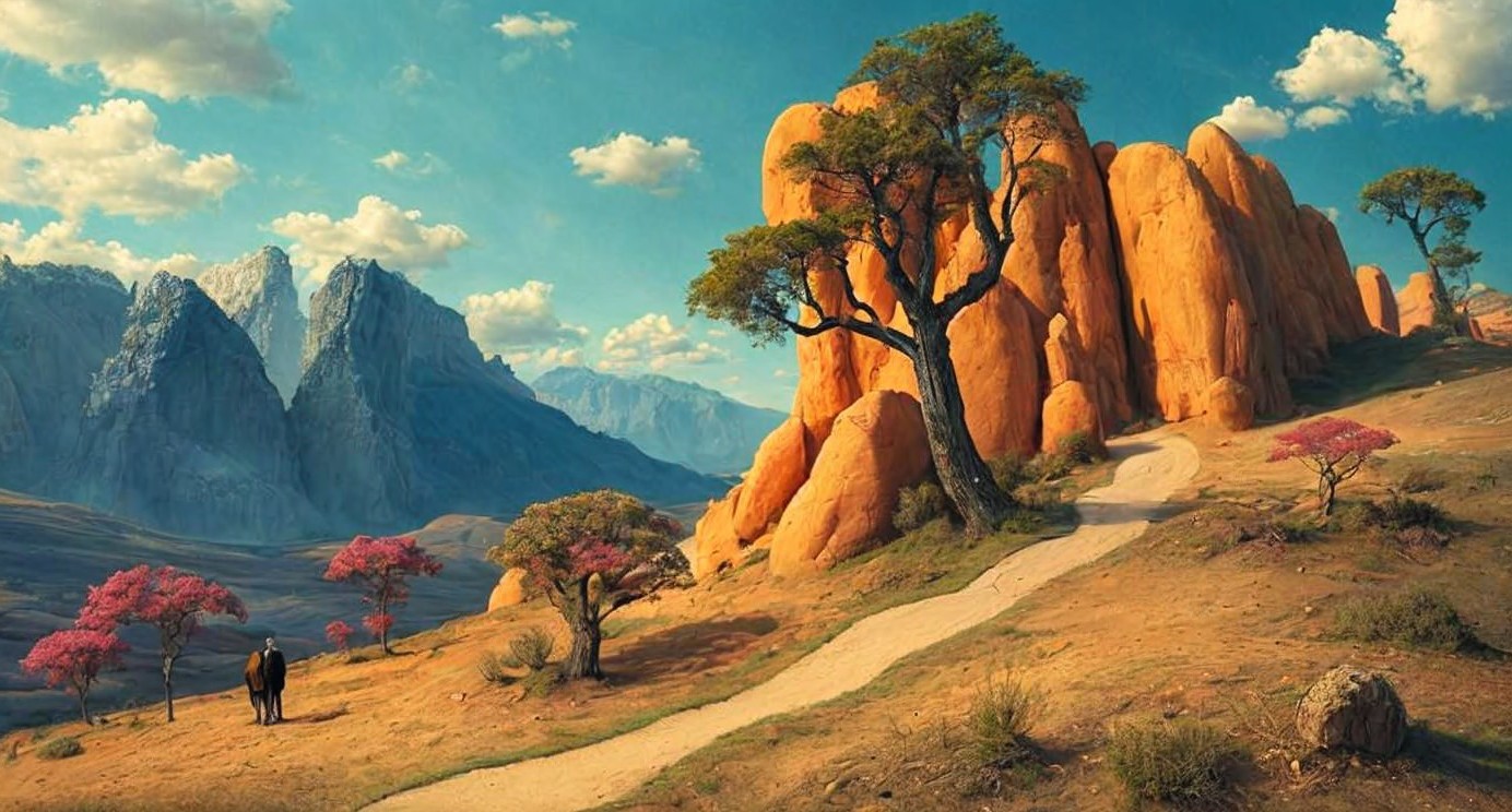 Picturesque Landscape with Orange Rocks and Blue Sky