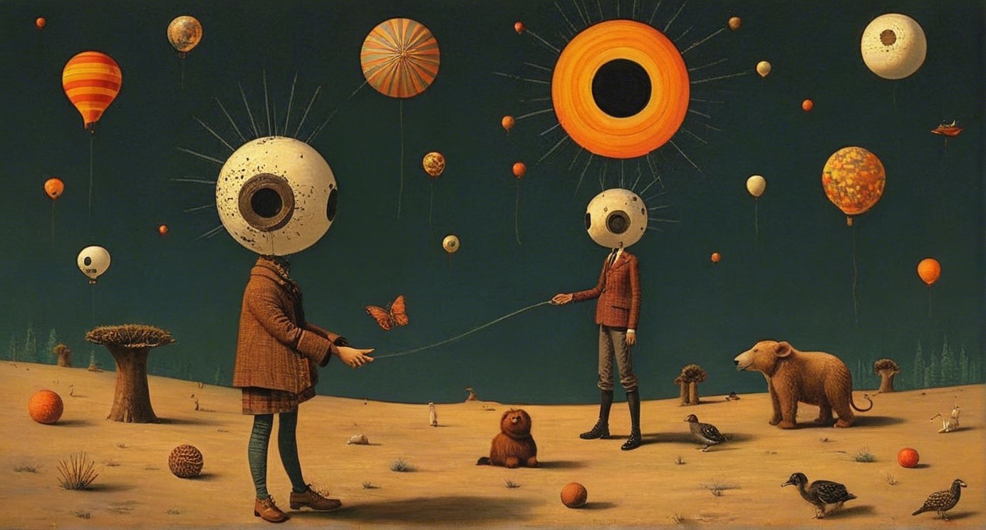 Surreal Landscape with Oversized Figures and Balloons