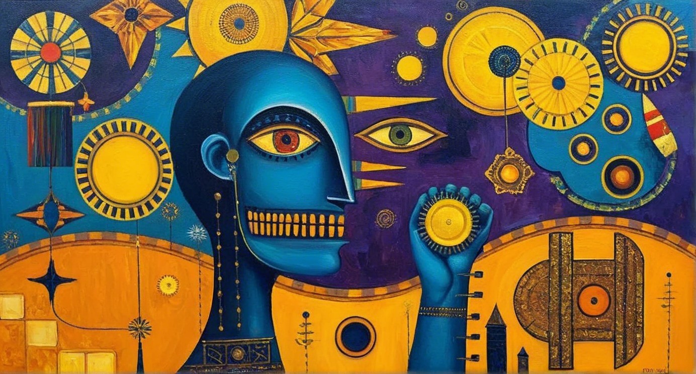 Stylized Blue Figure with Geometric Shapes and Symbols