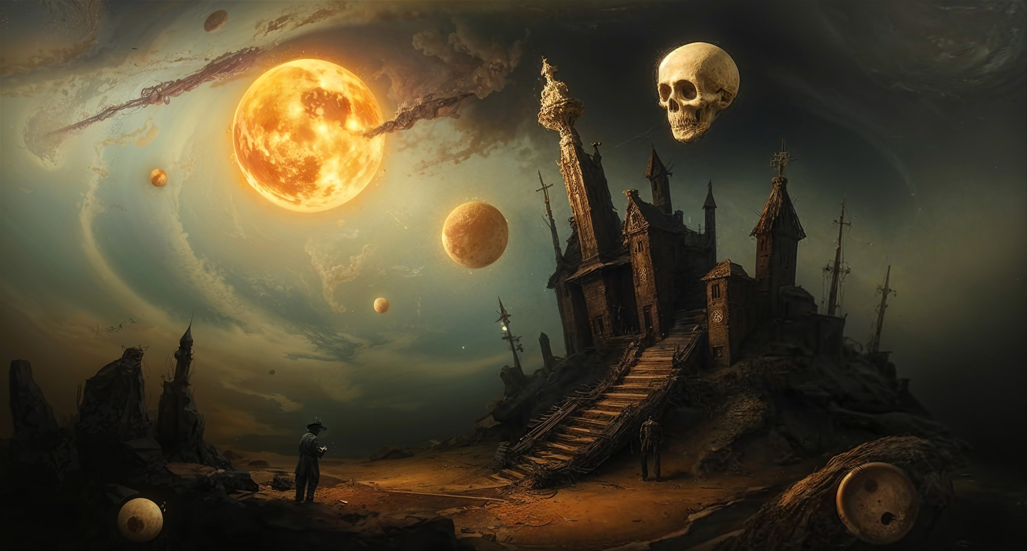 Surreal Landscape with Haunted Mansion and Celestial Bodies