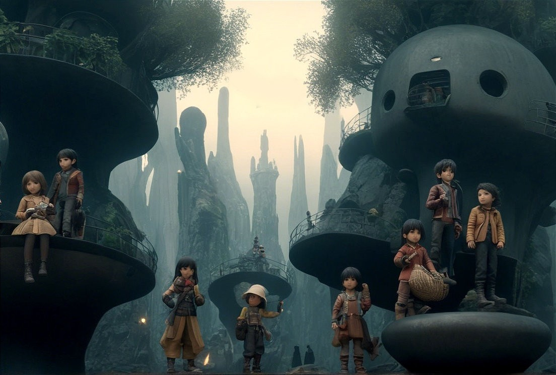 Children in a surreal landscape with organic structures