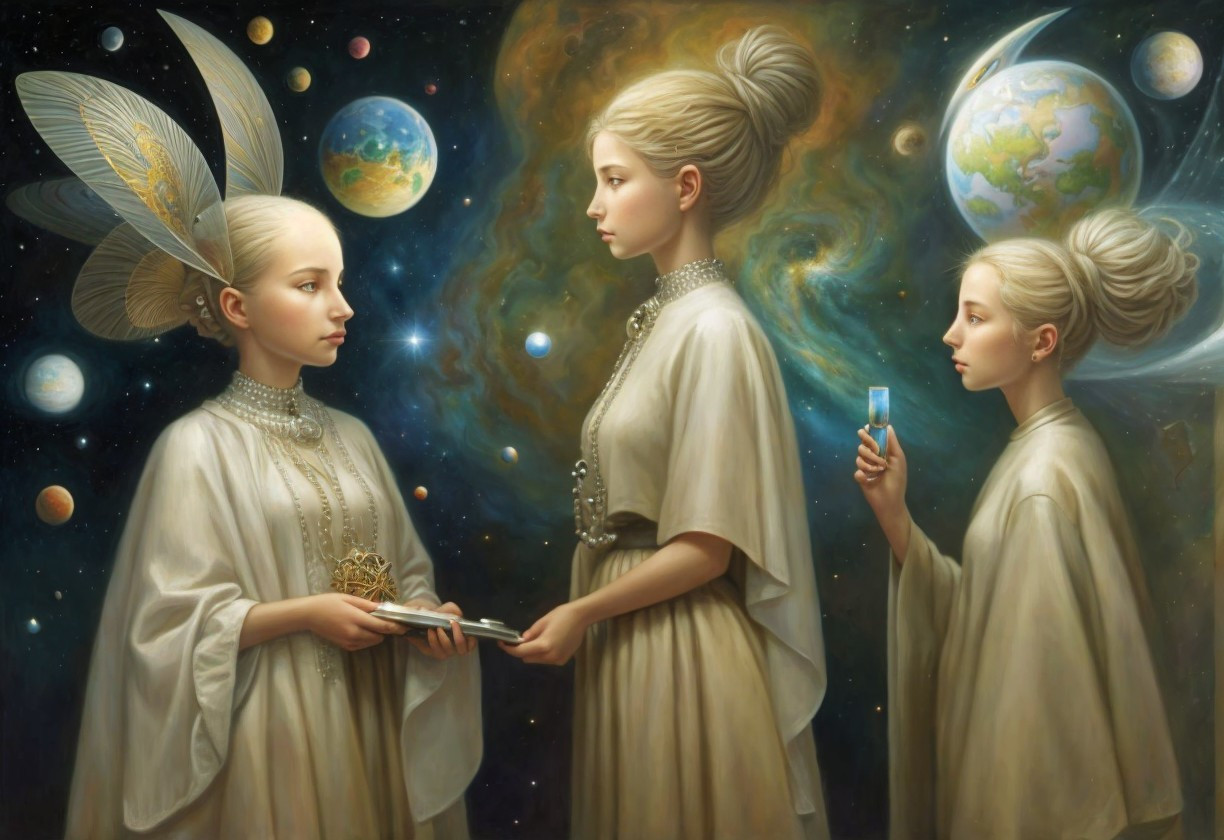 Ethereal Figures in Cosmic Setting with Mystical Elements