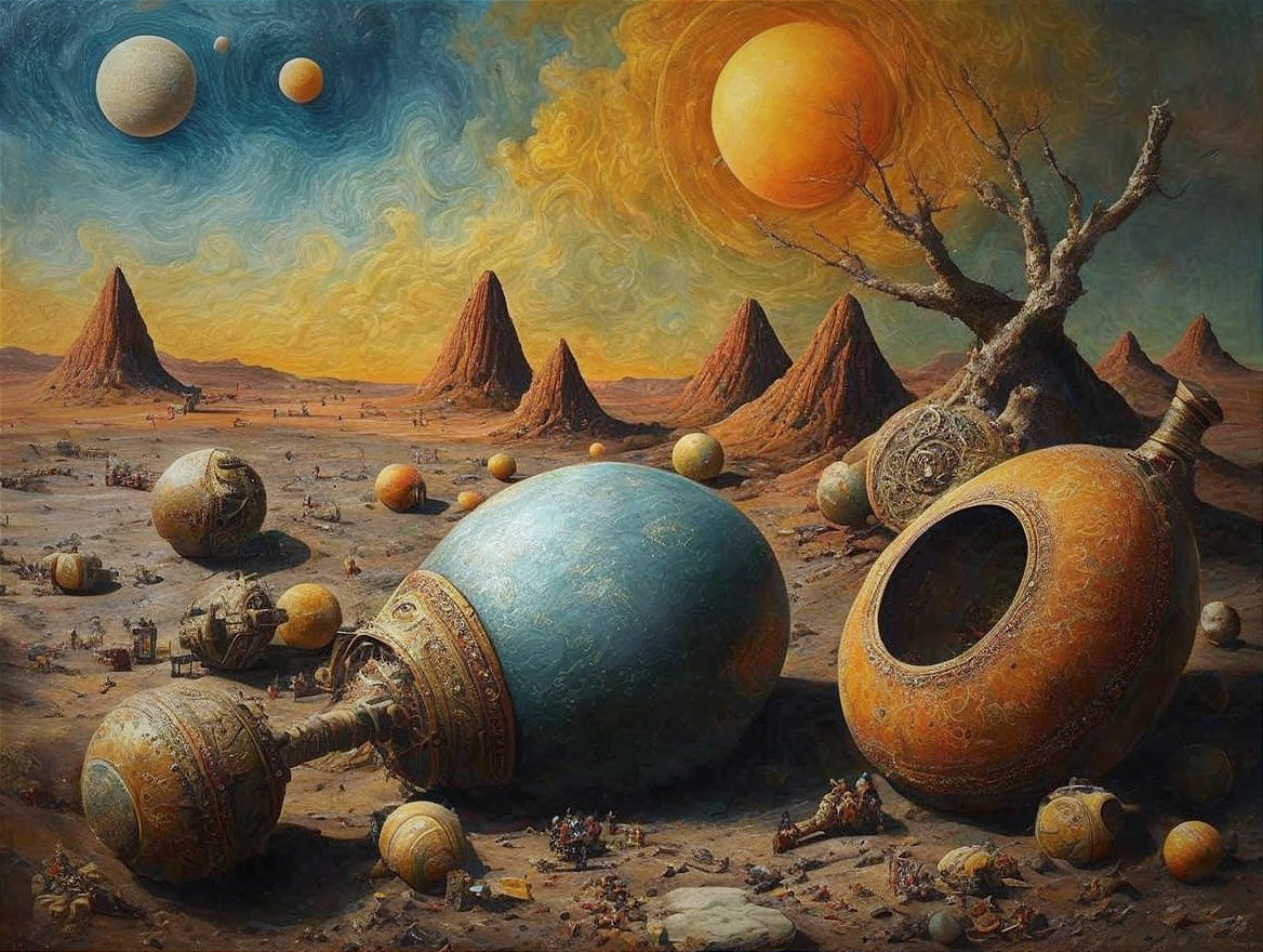 Surreal Landscape with Jagged Mountains and Vessels