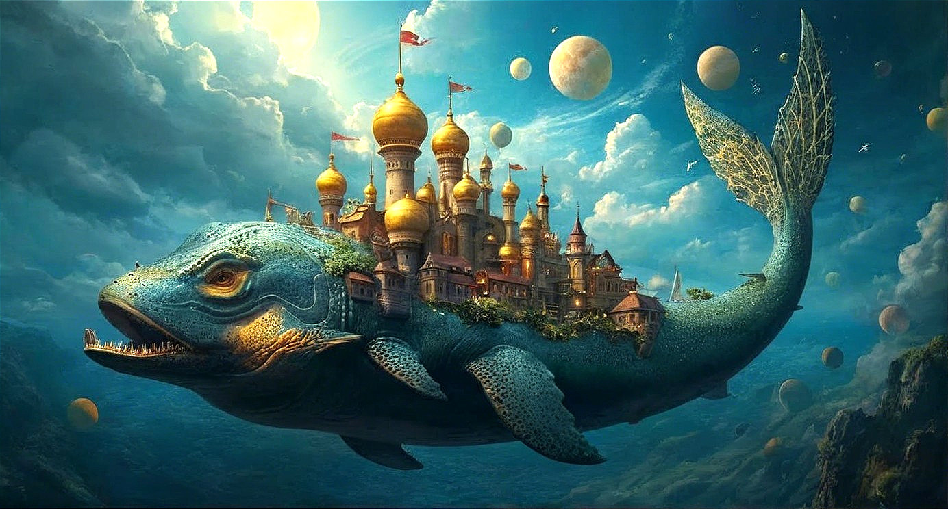 Giant Fish with City on Back in Dreamlike Landscape