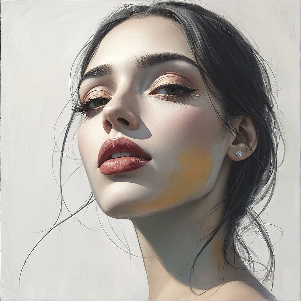 Portrait of a Young Woman with Luminous Skin and Bold Makeup