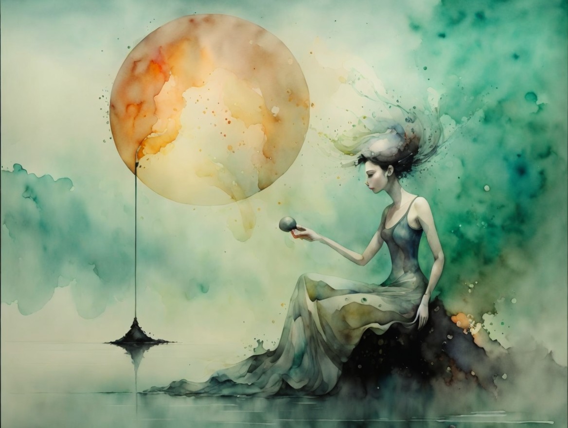 Watercolor Painting of Woman by Reflective Surface