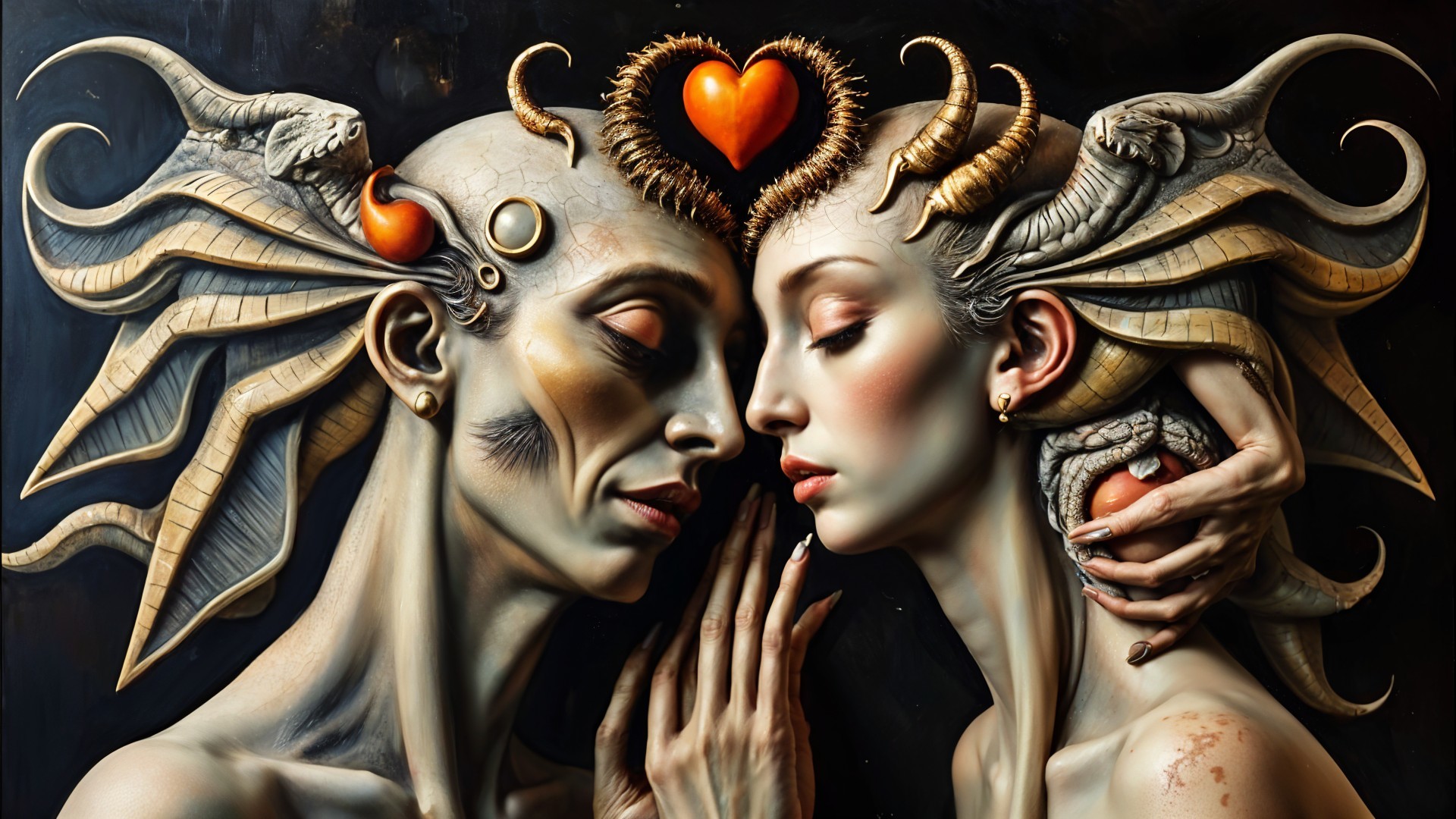 Surreal Humanoid Figures Embracing with Heart Motif