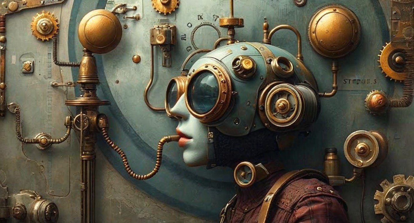 Futuristic Character with Steampunk Elements and Gears