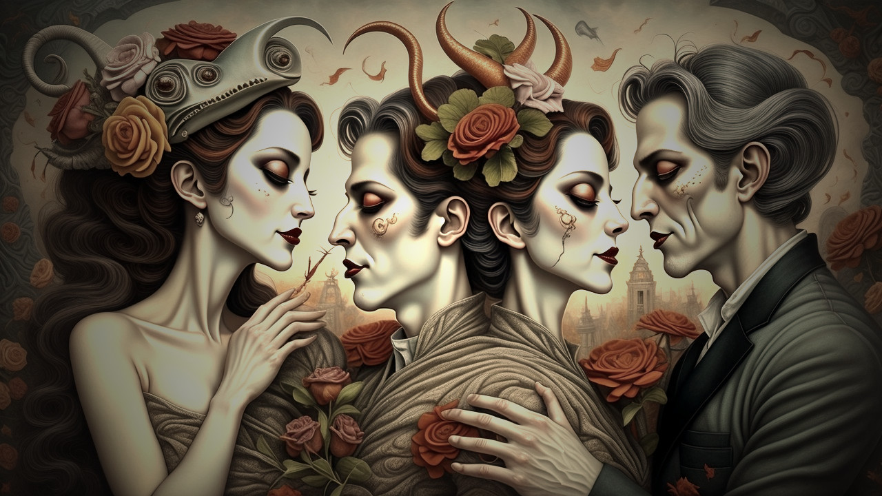 Ethereal Figures with Roses in Dark Dramatic Artwork
