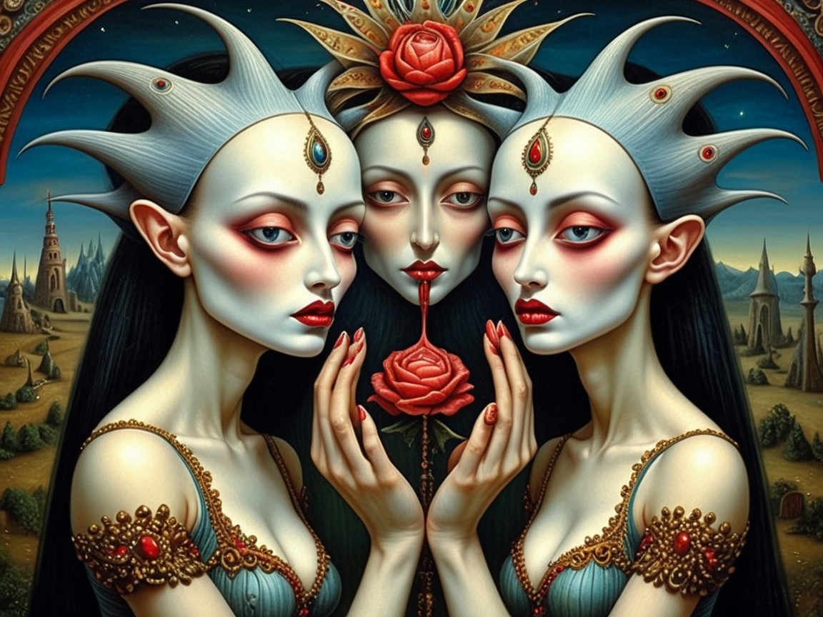 Surreal Composition of Ethereal Figures in Dreamlike Setting