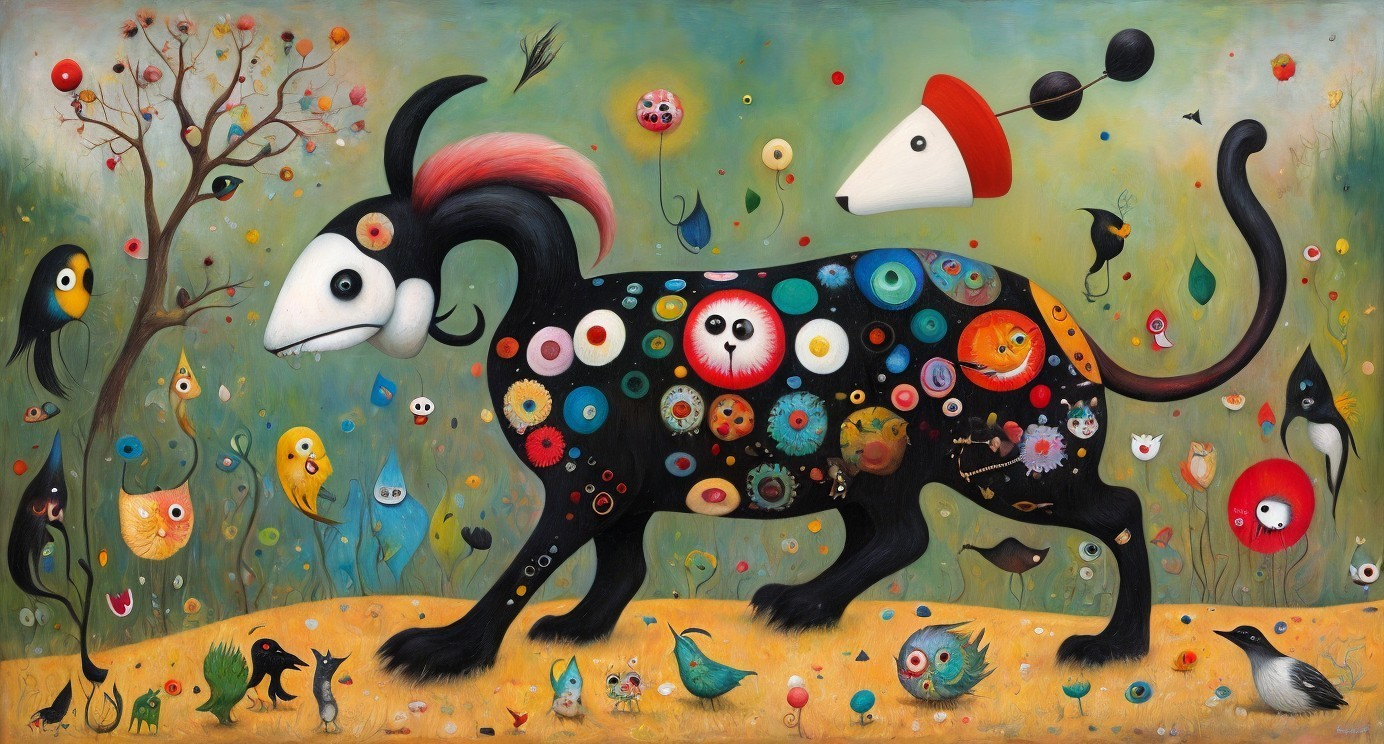 Surreal Landscape with Colorful Dog-like Creature