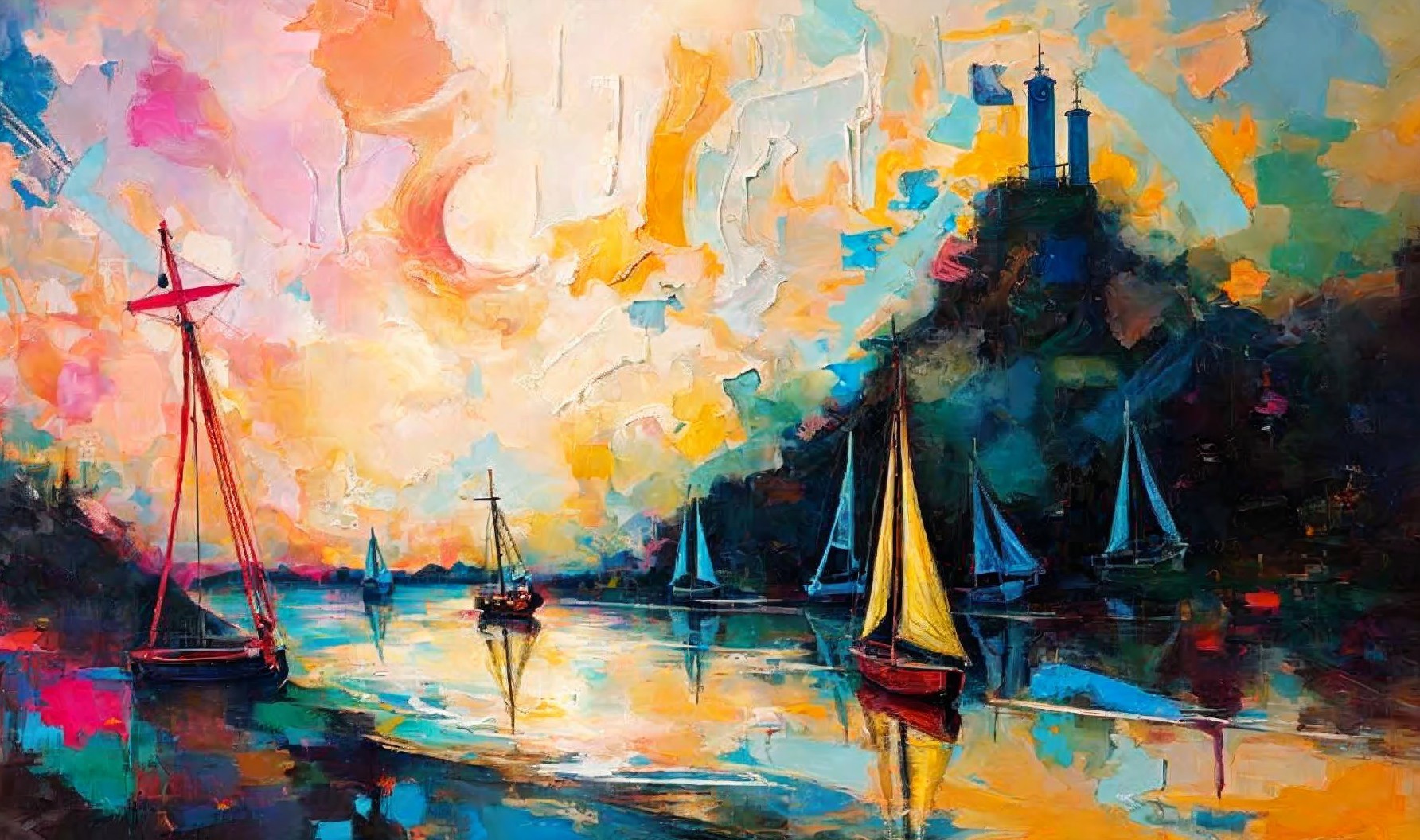 Vibrant Sunset Over a Serene Harbor with Sailboats